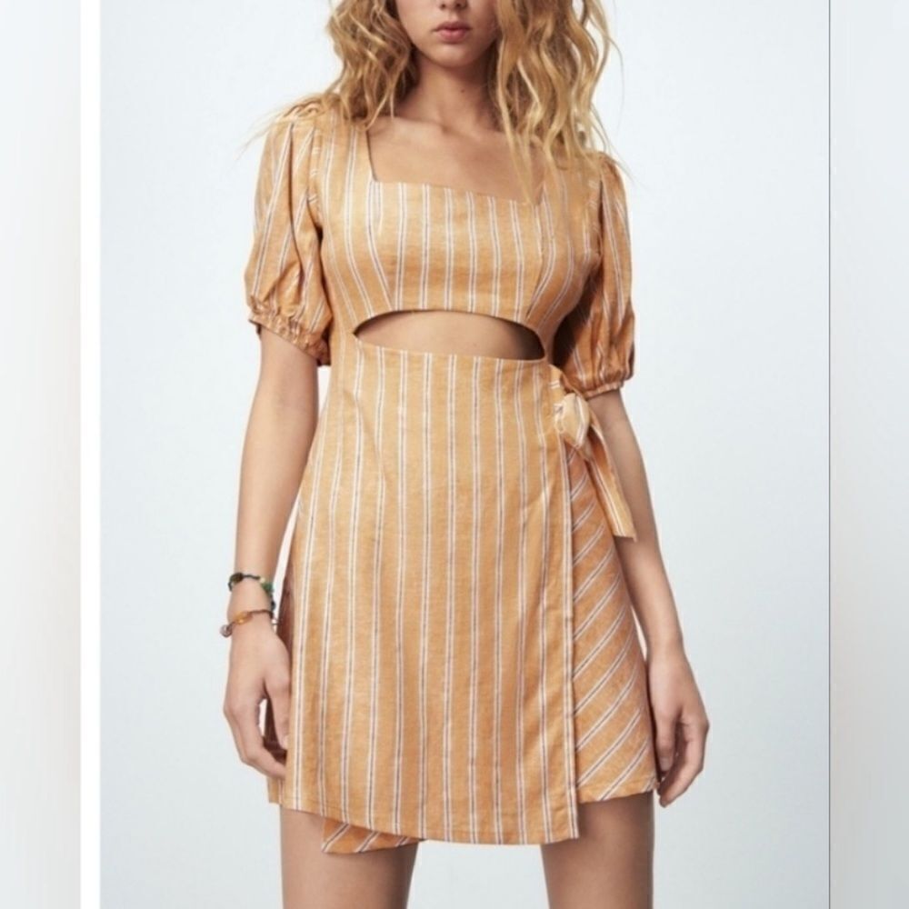 ZARA yellow striped linen blend short puff sleeve cut out wrap front mini dress